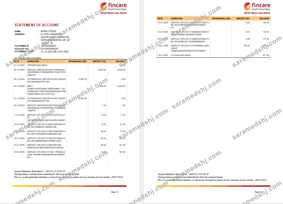 INDIA FINCARE bank statement template, Word and PDF format, version 2
